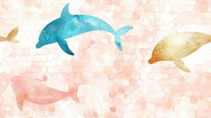 Mosaic tiles  Japanese washi concept. A whimsical illustration of colorful dolphins swimming against a soft, pastel background, creating a serene and playful atmosphere.