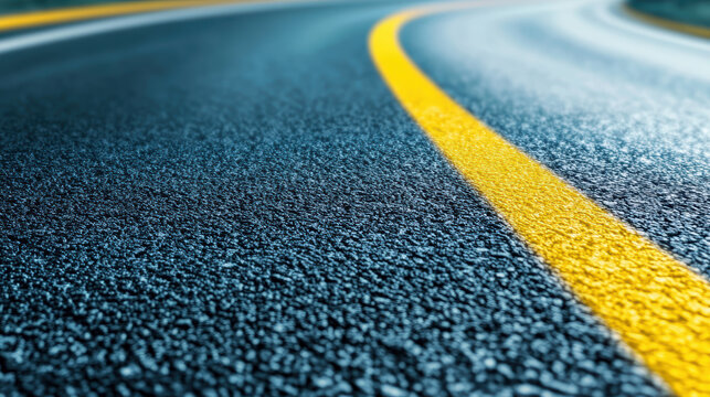Closeup of a freshly painted yellow line on a textured asphalt road surface, representing transportation and infrastructure