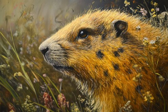 Marmot in Wildflower Meadow Painting Wildlife Art Print