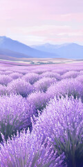 Obraz premium Serene lavender fields at sunset with mountains in the background, tranquil and soothing landscape