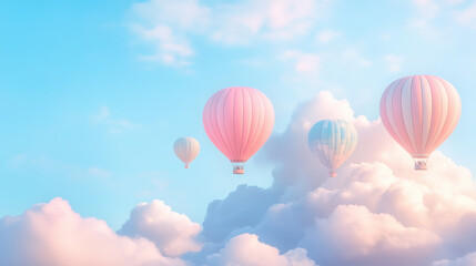 Naklejka premium Pastel hot air balloons drifting in serene sky above fluffy clouds on a tranquil day