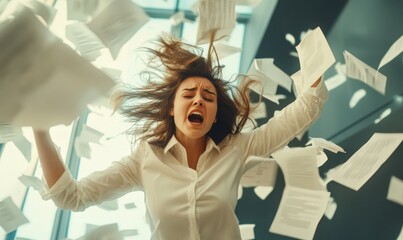 Overwhelmed young businesswoman in panic with papers flying in chaos at her workplace, concept of stress and deadline in the corporate environment, Generative AI