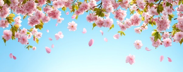Fototapeta premium Pink Cherry Blossom Spring Shower Horizontal Composition, Pastel Sky Background, Falling Petals, Floral Design Cherry blossoms, spring