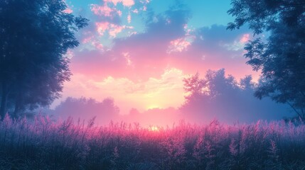 Enchanted Sunrise: A Dreamlike Meadow at Dawn