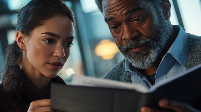A close-up of a manager flipping through pages of a report while the employee looks on with a professional expression.