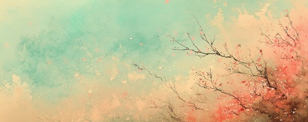 Obraz premium Watercolor Blossom Abstract Peach Tree Branches, Teal and Beige Background, Spring Concept,Digital Painting Keywords Watercolor, Abstract Art