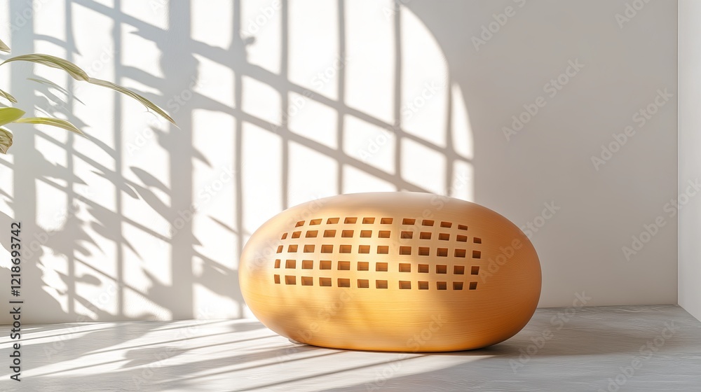 Fototapete wooden sphere with grid pattern, minimalist composition, light and shadow, 3d render. 3d rendering, 