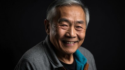 Obraz premium elderly asian male in casual wear on black background model portrait smiling for ad concept space for text