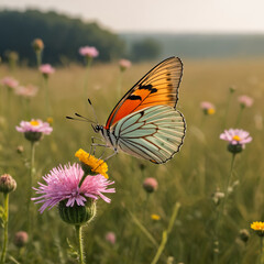 Naklejka premium A butterfly gracefully rests on vibrant flowers in a sunlit meadow