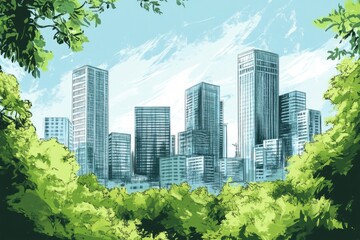 Fototapeta premium Charming hand-sketched city skyline adorned with lush plants and vibrant scenery for eco-friendly urban lifestyle projects