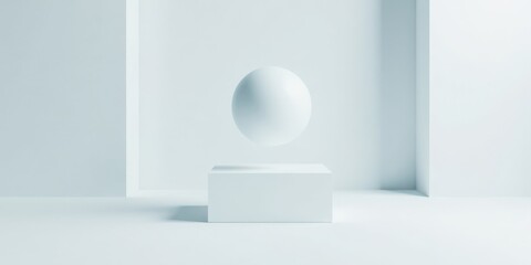 A serene white sphere hovers elegantly above a pristine cubic pedestal, a minimalist composition within a softly-lit, pale blue room.