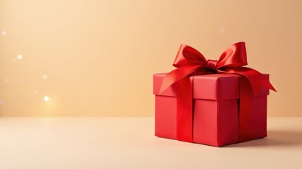 Obraz premium A single red gift box with a vibrant satin ribbon bow, presented against a soft, light background, symbolizes the anticipation and joy of gift-giving