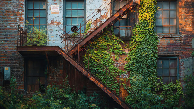 Abandoned building with rustic stairs and greenery