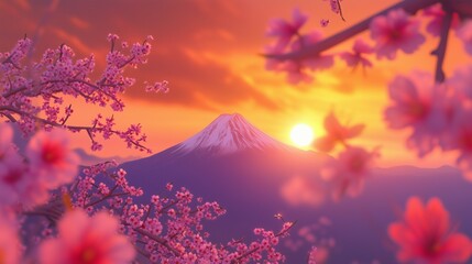 Mount Fuji in the distance, its snow-capped peak glowing softly in the golden hues of the setting sun
