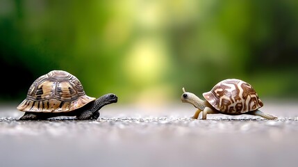 Naklejka premium Two small turtles walking on a sidewalk. Slow