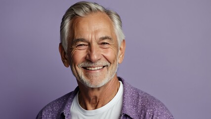 Obraz premium elderly american male in casual wear on pastel color background model portrait smiling for ad concept space for text