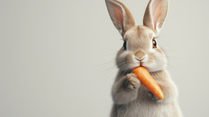 Obraz premium A fluffy rabbit nibbles on a carrot, its alert ears perked up as it sits against a neutral background, capturing an adorable and natural moment.