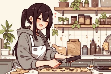 Girl happily baking cookies in her kitchen