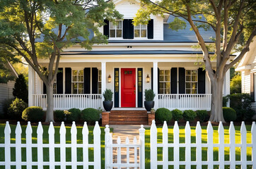Beautiful Home Exterior with White Picket Fence, Red Door, and Black Shutters – Lush Lawn, Trees, Blue Accents, and a Warm Hue for a Cozy, Inviting Residential House