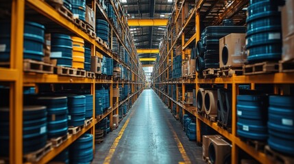 A vast warehouse filled with neatly stacked blue and yellow barrels, showcasing organized inventory management