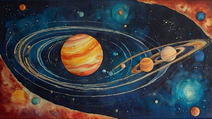 Abstract painting on silk with solar system planets galaxy. Original hand painted
