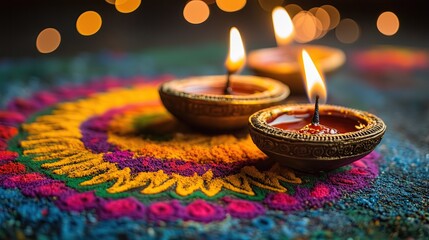 Diwali festival with colorful rangoli, lights, and fireworks - generated AI