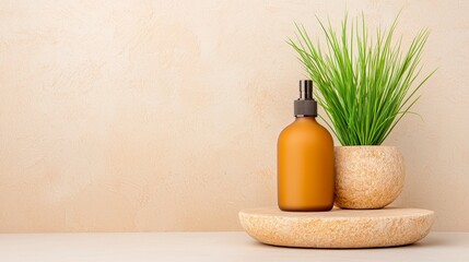 Serene Still Life with Amber Bottle and Potted Plant