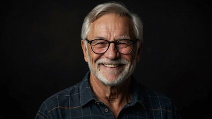 Obraz premium elderly american male in casual wear on black background model portrait smiling for ad concept space for text