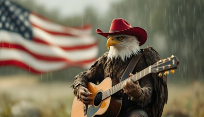 Bald Eagle Dressed as a Cowboy Plays Acoustic Guitar in the Rain with American Flag