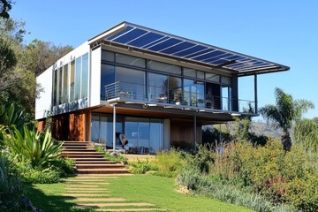 Modern Architecture and Sustainable Home with Solar Energy, Generative AI