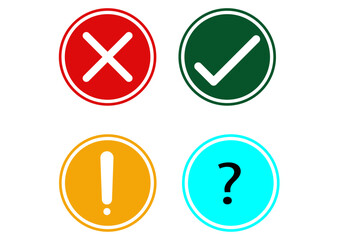 check mark icon button set. check box icon with right and wrong buttons and yes or no checkmark icons in green tick box and red cross. exclamation mark information icon.Exclamation & question mark