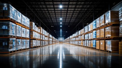 Fototapeta premium A vast warehouse filled with neatly stacked pallets, showcasing organized inventory and bright lighting