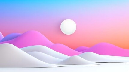 Dreamlike Pastel Landscape with Smooth Hills and a Bright Sphere