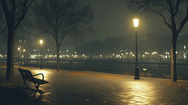 Nighttime park bench scene with autumn leaves and lamplight