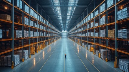 Fototapeta premium A vast warehouse interior showcasing organized shelves filled with goods and an employee inspecting inventory