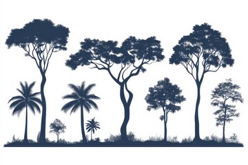 Fototapeta premium Silhouetted trees in varying shapes create a beautiful forest scene at dusk in a tranquil setting