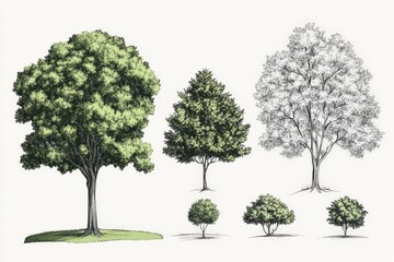 Obraz premium Various tree illustrations showcasing different species and growth stages in a natural setting