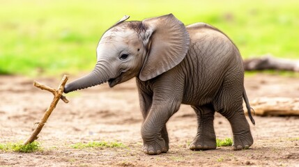Adorable Baby Elephant Playing with Branch in African Savanna