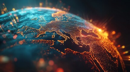 Global 3d world globe with data exchange and network connections, representing planet earth in a futuristic web of digital connectivity and advanced technology


