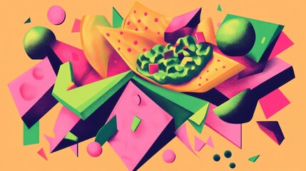A bright, geometric design of nachos and guacamole in neon pink and green.