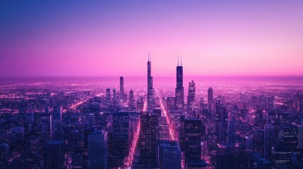 Fototapeta premium Pink and Purple Cityscape at Twilight Skyscrapers Glow