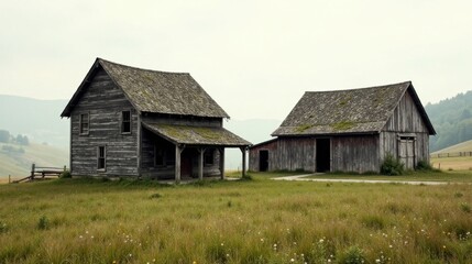 Rustic Dwellings on a Serene Meadow Under a Hazy Sky, Presenting a Picturesque Rural Scene of Weathered Wooden Structures