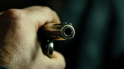 A hand holding a gun with a barrel showing