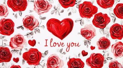 Fototapeta premium The heart-shaped red roses stand out beautifully against the white background, accompanied by the romantic inscription I Love You.