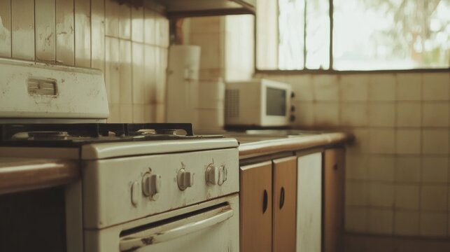 Dirty old kitchen stove and microwave in a retro style home.