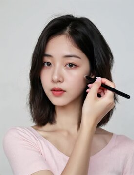 Korean Girl Applying Makeup, Capturing Elegance, Beauty, and Self-Care in a Relaxed Setting, repesenting K-beauty