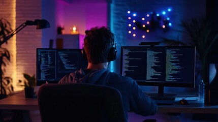 Person coding on two monitors in a dark room with blue and purple lighting