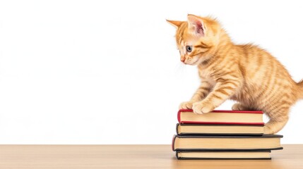 Adorable Ginger Kitten Exploring a Stack of Books
