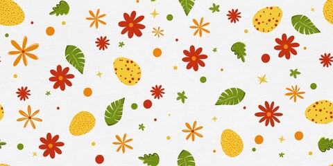 Seamless pattern with eggs, leaves, flowers and dott. 
Simple cute bacground for textile, of watercolor.