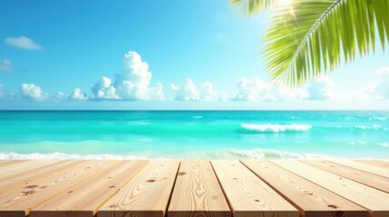 Fototapeta premium Sunny Ocean View with Wooden Deck Surface for Relaxation and Vacation Memories